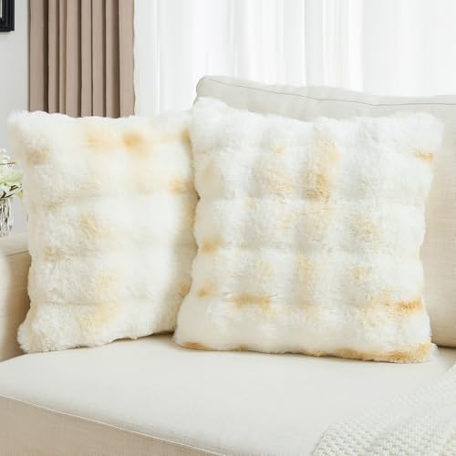 FUTEI Pack of 2 Faux Fur Throw Pillow Covers 16x16 Inch, Yellow White