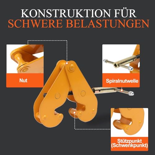 Mreryyse Trägerklemme 1000 kg/1 T Balkenklemme Montageklemme Flanschklemme Trägerklaue Spindelklemme Flanschklemme Montageklemme Stahl für I-Stahlträger, Orange
