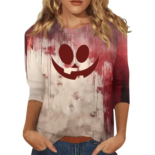 Halloween Shirts for Women 3/4 Sleeve Plus Size Crewneck Loose Fit Cute T Shirt Halloween Costumes for Women 2025