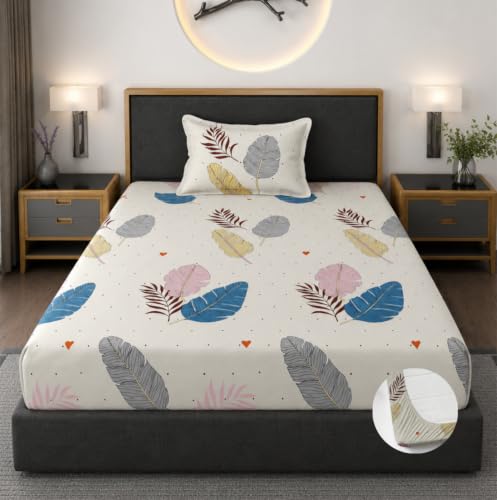 Image of Vaini Premium Heavy Cotton Elastic Fitted Bedsheets with 1 King Size Pillow Covers || Single Bed with All Around Elastic 350 TC || 36 x 78 x 6 Inch Single Size Fitted || :- Colorfull Wings