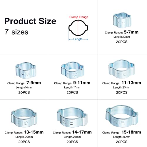 HSEAMALL 140PCS 5-18mm Double Ear O Clips Hose Clamps Tube Pipe Clamps Hose Fasteners Clips