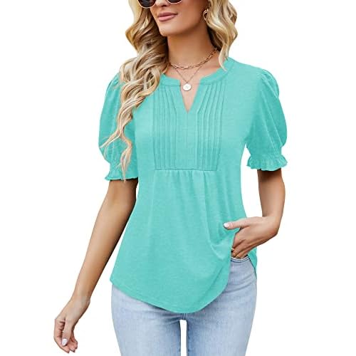 Ivicoer Women's Summer Puff Short/Long Sleeve Tops V Neck Pleated Shirts Floral Tunic Blouses Dressy Casual S-XXL