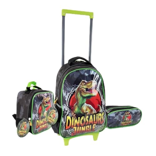 Dinosaurs Jungle Mochila Infantil com Rodas, Kit Escolar 3 Peças, Mochila Dinossauro com Estojo e Lancheira, Verde e Preto