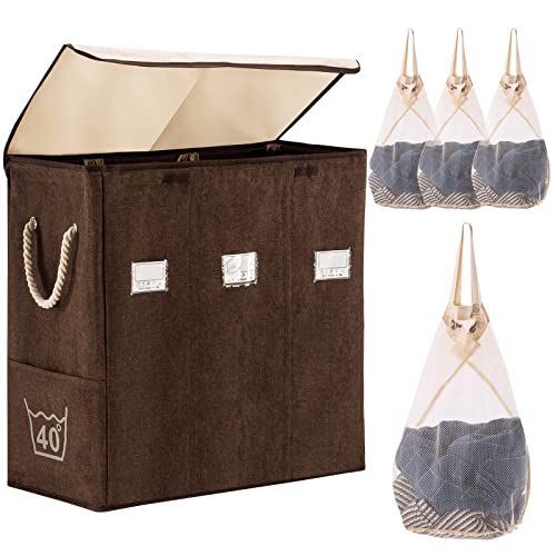 Youdenova Laundry Hamper With Lid 3 Section 140L, Large Laundry Basket Organizer With Removable Bags, Clothes Divided Hamper 3 Compartment With Handles For Bathroom, Bedroom, Dorm, Brown #TOP15