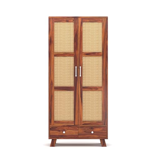 Image of Solid Wood 2 Door Wardrobe with Cane Design | Wooden Almirah with Storage Drawer | Modern Vintage Cupboard for Bedroom & Living Room (Honey Finish)