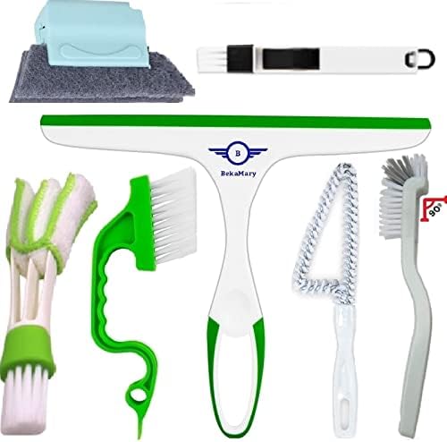 Window Groove Cleaning Brushes Tools – Set 7 PCS Hand-Held Door Sliding Track Crevice Gap Groove Corner & Squeegee Cleaner for Shower Sliding Doors, Tile Lines, Car, House, Glass, Sill Cleaner Tool