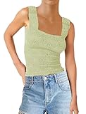 SAFRISIOR Women Square Neck Crop Tank Top Wide Straps Floral Fringe Lettuce Edge Hem Crop Cami Tank Sleeveless Crop Tops Green