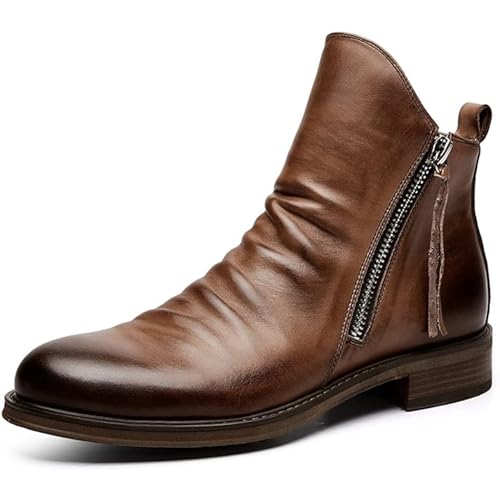 Botas de Media caña para Hombre con Cremallera Lateral y tacón de Cuero, Zapatos de Vestir Formales, Zapatos clásicos,Marrón,42 EU