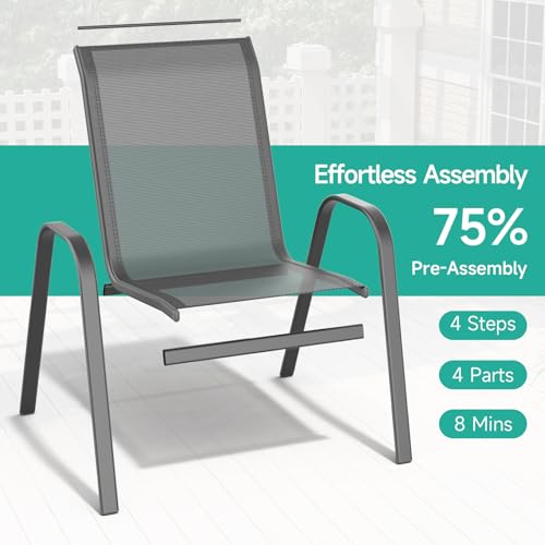 Patio Chairs Set of 4, All Weather Breathable Stackable Outdoor Dining Chairs with High Back and Wide Seat, Easily Set Up Outdoor Chairs Set of 4 with Metal Frame for Backyard Garden Pool, Grey - Image 5