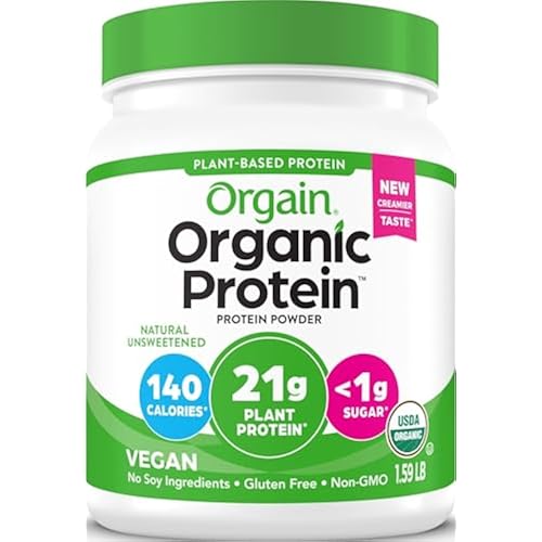 Orgain Organic Vegan Protein Powder, Natural Unsweetened - 21g of Unflavored Plant Protein, 4g Prebiotic Fiber, Low Net Carbs, No Added Sugar, Non-GMO, for Shakes & Recipes, 1.59 lb