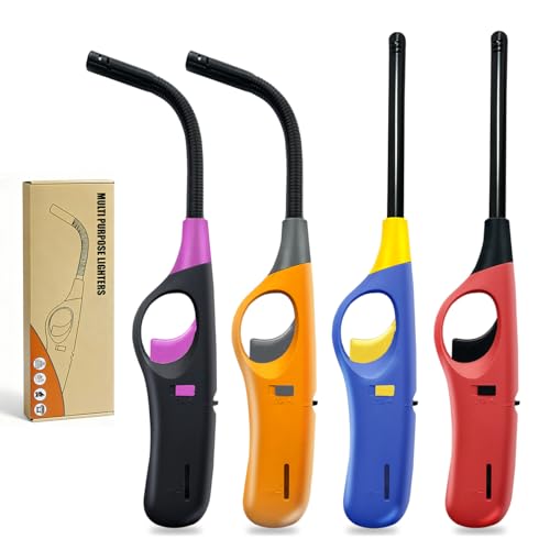 Long Neck Lighters Candle Lighters, 4 Pack Refillable Butane Lighter for Camping Fireplace Party BBQ Grill (Empty/Without Fuel)