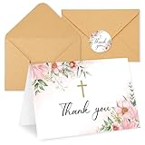 FYSUIMU 24 Stück Dankeskarten mit floralem Kreuz, rosa Blume, Taufe, Grußkarte, Blanko-Notizkarte mit Umschlag-Aufkleber für Babyparty, Beerdigung, Kommunion, Partyzubehör, 10,2 x 15,2 cm