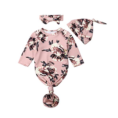 Koloyooya Newborn Baby Striped Gown Swaddle Wrap Knotted Sleepwear Sleeping Bags with Headband Hat (Dark Pink, 70(0-6 Months))