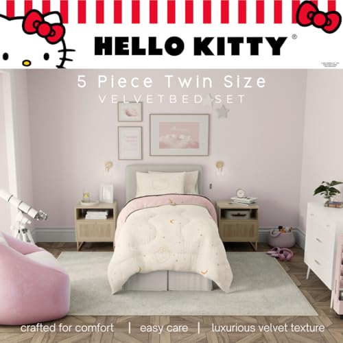 Image of Lux Hello Kitty Velvet Bedding 5 Piece Super Soft Cozy Reversible Comforter and Sheet Set with Sham & Tote Bag, Twin, (Officially Licensed Product) By Franco