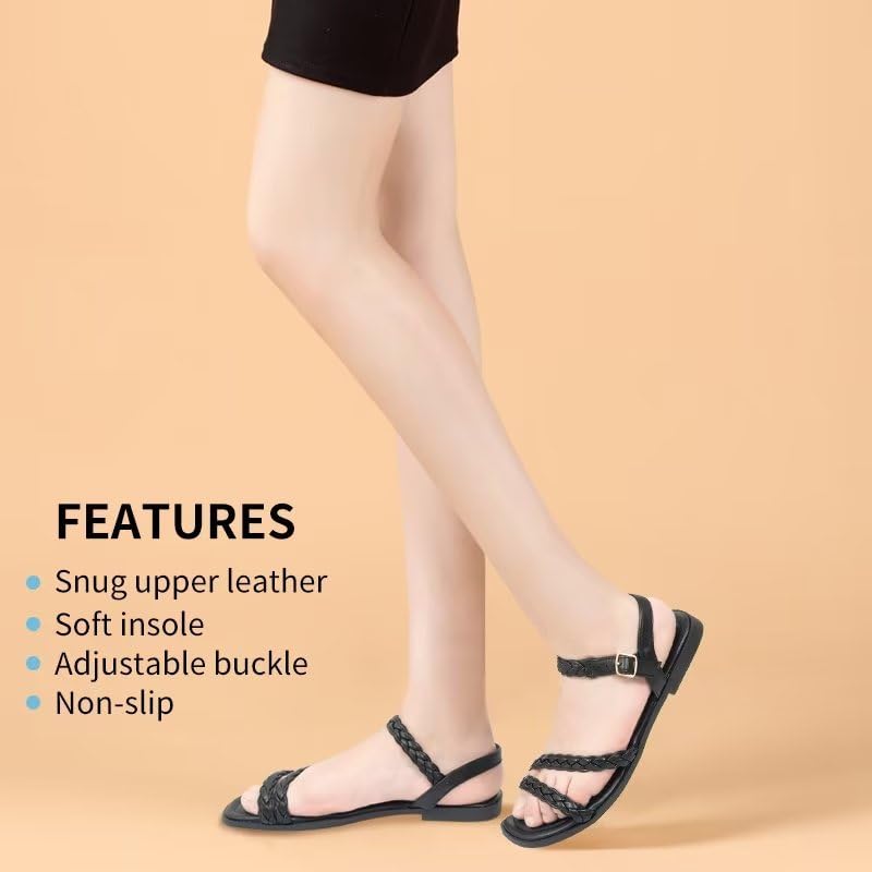 Women's Braided Flat Sandals - Comfortable Cute Square Open Toe Slingback Summer Shoes with Adjustable Ankle Buckle 5