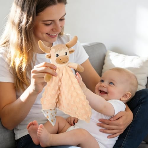 Image of Loveys for Babies,Kawaii Highland Cow Baby Security Blanket for Newborn Infant Toddler Snuggle Toy Stuffed Animal,Lovey Highland Cow Security Blankets Baby Gifts Unisex Birthday,Beige 12in