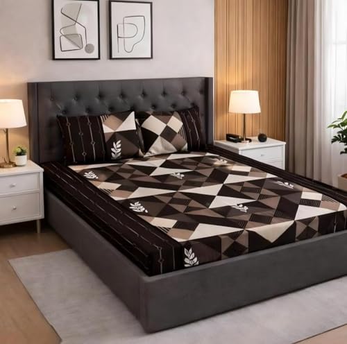 Image of Rajat Presents Premium Cotton Elastic Fitted Geometric Bedsheets with 2 King Size Pillow Covers | Double Bed with All Around Elastic 180 TC Supersoft | (72 inchX78 inch, 180-200 TC A1220