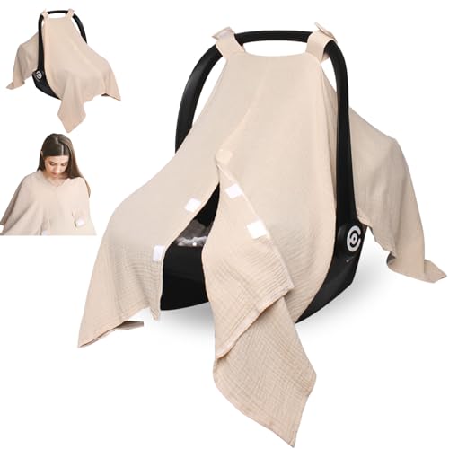 Image of Boryokun Baby Car Seat Cover Muslin Infant Carseat Canopy, Peekaboo Opening Car Seat Covers, Unisex Large Universal Fit Lightweight Breathable Newborn Breastfeeding Nursing Covers