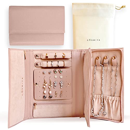 COSMIYA Travel Jewelry Organizer Case Roll - Portable Jewelry Holder Travel Bag with Zipper Storage for Carrying Rings, Earrings, Necklaces, Watches, Bracelets - Travel Gift for Women Soft Pink