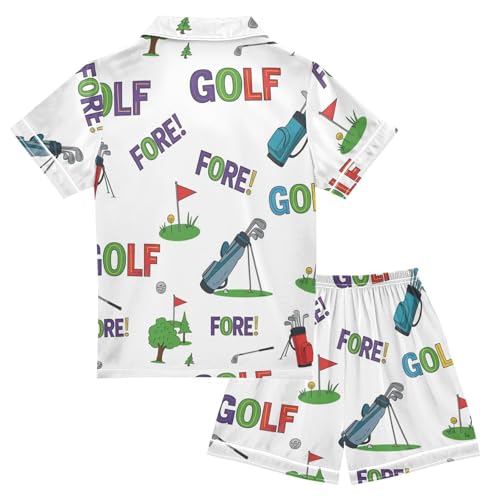 Satin Pajama Sets Short Sleeve Golf Themed Pattern Prints Button Down Silky Nightwear 2 Piece PJS 5-14Y2