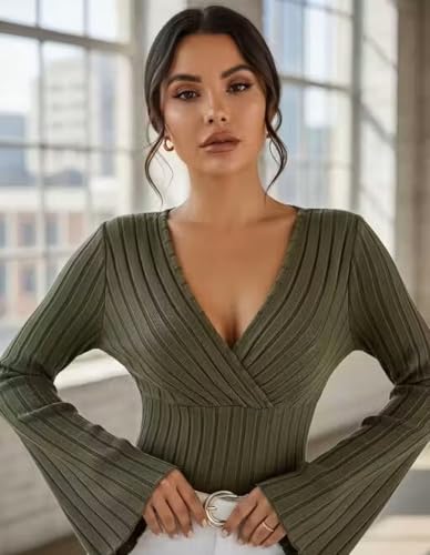 Image of Women Ribbed Knit V-Neck Wrap Top | Long Flare Sleeve Slim Fit Stylish Blouse for Casual