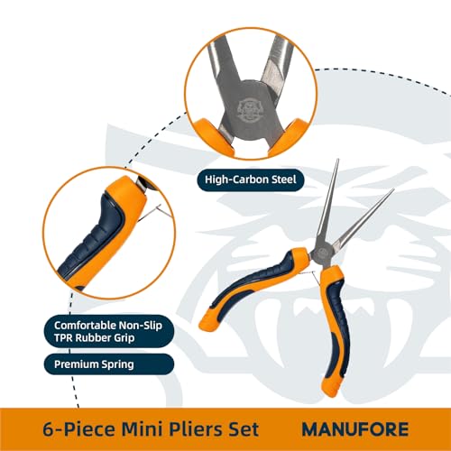 Image of MANUFORE 6-Piece Mini Pliers Set - Needle Nose, Long Nose, Diagonal, Flat Nose, End Cutting & Linesman Pliers for Precision DIY, Electronics Repair, Jewelry Making & Crafting