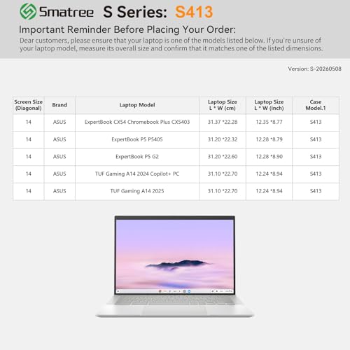 Image of Smatree SlimPro Laptop Case for 14 inch ASUS ExpertBook CX54 | Compatible for ExpertBook P5 P5405 /P5 G2, TUF Gaming A14 2024 /2025, Case with Accessory Pocket(S413)