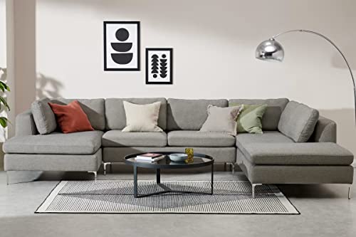 Image of Smith U Shape 7 Seater Corner RHS Fabric Sofa Set in Light Grey Color for Living Room, Couch Sofa for Living Room, Seven Seater Sofa
