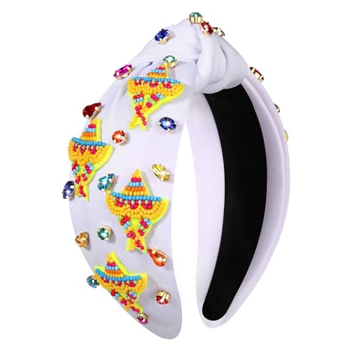 Cinco De Mayo Headband for Women Mexican Fiesta Headbands Accessories Sombrero Cactus Chili Pinata Headband Colorful Rhinestone Jeweled Knotted Headbands Mexican Party Favors Gifts (Sombrero B-White)
