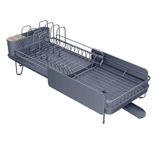 Image of Large Expandable Dish Drying Rack for Kitchen Counter, 19.3-29.4 in, Grey | Family Size Capacity, Adjustable Dividers for Pan, Lid & Cutting Board, Stainless Steel, Rotating Spout, Utensil Holder