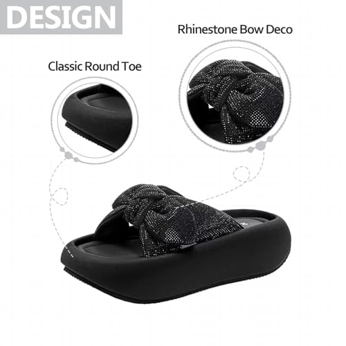 Womens Pillow Rhinestone Bow Thick Sole Slides Comfortable Lightweight Slip On Platform Round Open Toe Cloud Slide Sandals For Daily Indoor&Outdoor Casual4