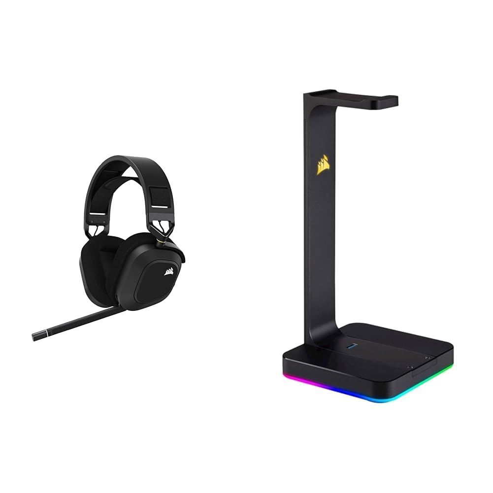 Corsair HS80 RGB Wireless Premium-Gaming-Headset mit Dolby Atmos (18 m Reichweite) Carbon & ST100 Premium Kopfhörer-Ständer (2X USB 3.1, Aluminium, 7.1 Dolby Audio Ausgang) schwarz