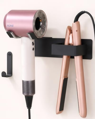 Bowyune Föhn Halterung für Haartrockner und Glätteisen Edelstahl Fönhalter Ohne Bohren Fönhalter Wand Ohne Bohren Föhn und Glätteisen Halterung Bohren für Bad Barbershop Hotel Schwarz