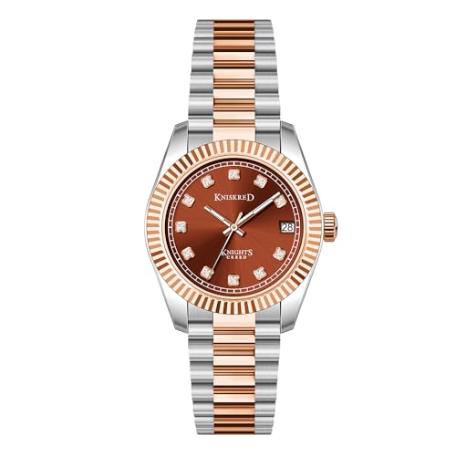 KNISKRED Reloj Clásico para Mujeres con Cristal de Cuarzo y Banda de Acero Inoxidable Sólido Vestido de Señoras Reloj Resistente al Agua (Plateado Marrón)