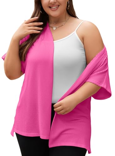 Image of Eytino Women Plus Size Lightweight Cardigan Half Sleeve Ribbed Knit Kimono Cardigans Tops(1X-5X)