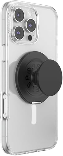 Vista 145 de PopGrip de PopSockets: Agarre y soporte para teléfono, plegable, parte superior intercambiable, blanco sobre negro