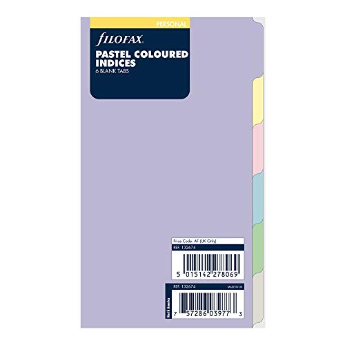 Filofax B132674 6-Tab Index Orgnizer Refill Personal Size Pastel colors Blank