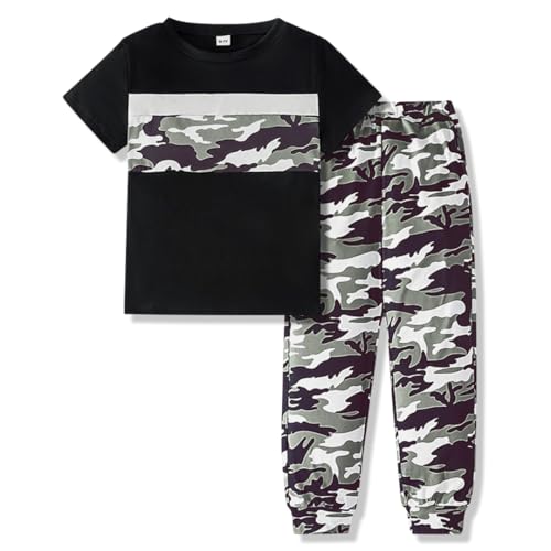 Image of OLMRJKD Boys 2 Piece Outfits Color Block Clothes Short Sleeve T Shirt and Camouflage Pants Summer Clothing Sets