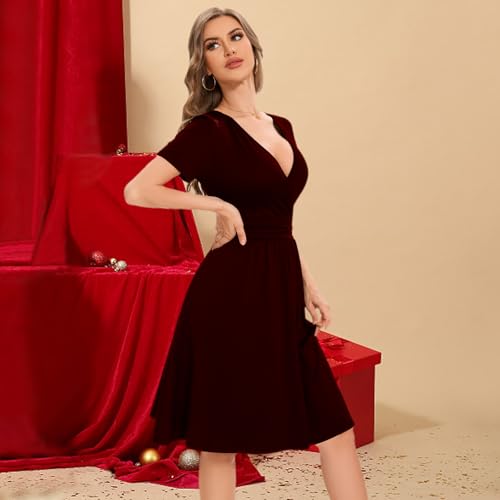 Image of Women Casual Summer Dress 2025 Beach Vacation Floral Sundress Short Sleeve Wrap V-Neck Modest Dresses