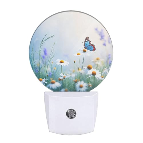 Image of Floral Night Light Lamp Herbs and Wild Flowers Butterfly Daisy Chamomile Blossom LED Nightlights with Dusk-to-Dawn Sensor, Gifts for Girls Women Birthday Mother's Day