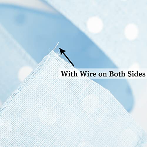 Huihuang Blue Polka Dot Wired Ribbon Baby Blue And White Dot Ribbon Wired Edge Burlap Ribbon, 2.5 Inch X 10 Yards Wreath Ribbon With Wire For Crafts Wreath Supplies Gift Wrapping Basket Bows Decor #TOP2