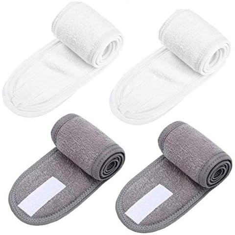 4 Pcs Headband Makeup Terry Cloth Head Wrap, Towel with Self-adhesive Tape for Washing Face Spa Face washing, white/grey Cover