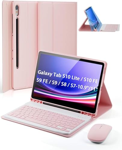 TUNKARMOR Case Keyboard for Samsung Galaxy Tab S10 Lite / S10 FE / S9 FE / S9 / S8 / S7 10.9/11 Built-in Pencil Holder with Mouse (Pink)