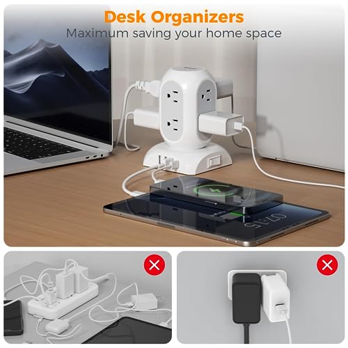 Tower Power Bars with Surge Protector, TESSAN Flat Plug Extension Cord 10 Ft with 8 AC Multiple Outlets and 4 USB Ports (1 USB C), 1050J Power Strip Desk Charging Station for Home  image 5