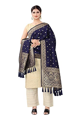 Dupatta en soie jacquard bleu marine avec broderies traditionnelles Zari et Resham
