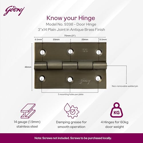 Image of Godrej Door Fittings | 3 inch x 14 Gauge Plain Joint Door Butt Hinges (Pack of1, 5 Pcs /Pack) | Antique Brass Finish, Smooth Operation | 3 Holes Kabza for Doors, Windows & Wardrobe | 1 Yr Warranty