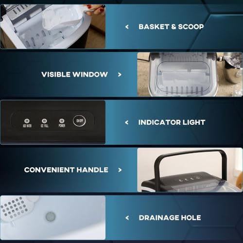 HOMCOM Countertop Ice Maker Machine, 12KG Production in 24 Hours, 9 Cubes Ready in 6-12 Minutes, Portable with Ice Scoop and Basket, Black - Image 6