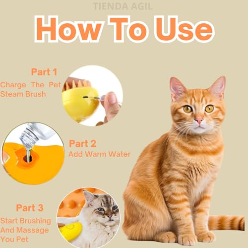 Image of Hair Brush for Pets with Steam Function, Soft Rubber Bristles, Water or Essential Oil Reservoir, Non-Slip Grip, Easy Cleaning, for Dogs and Cats (Yellow)