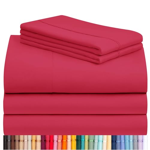 Image of LuxClub 5 PC Sheet Set Bed Sheets Deep Pockets 16 inch Eco Friendly Wrinkle Free Cooling Machine Washable Hotel Bedding Silky Soft - Red Split King