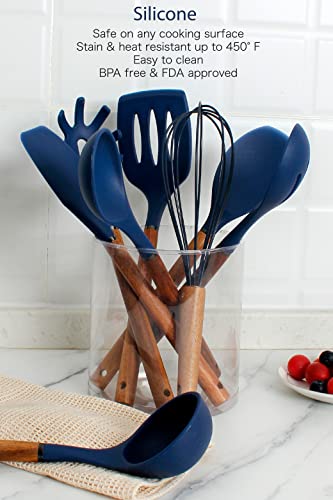 Country Kitchen Utensili da cucina in silicone, set di 8 utensili da cucina in legno, facili da pulire, utensili da cucina per pentole antiaderenti, utensili da cucina e set di spatole, blu navy - immagine 4